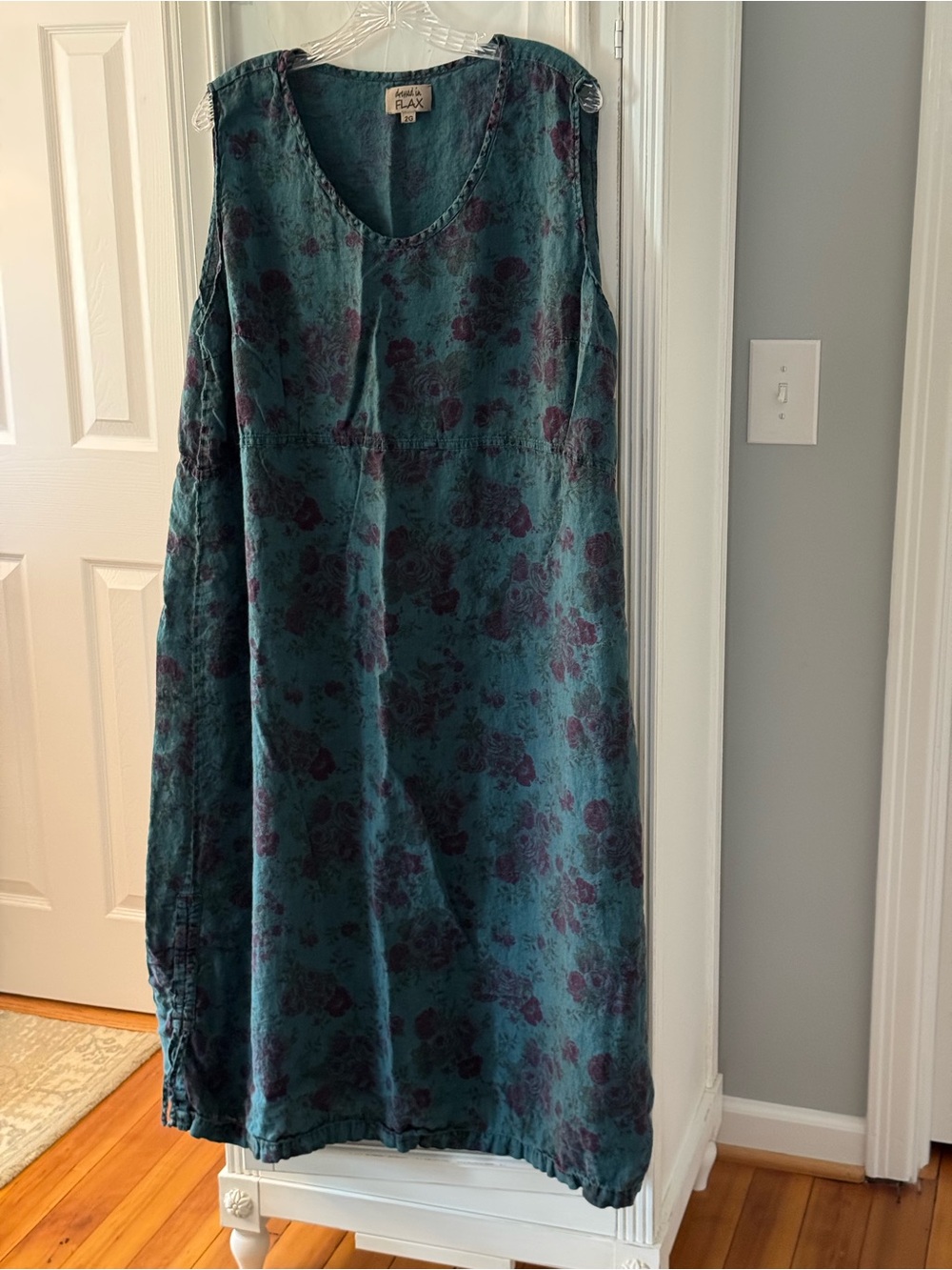 Vintage Flax 100% Linen Sleeveless Dress in Teal Floral - Size 2G